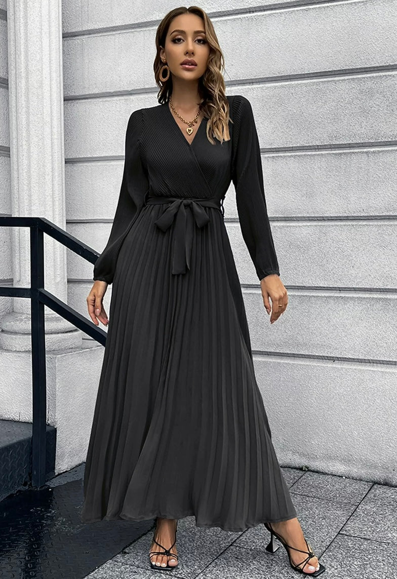 Puff Sleeve Pleated Satin Maxi Dress Black