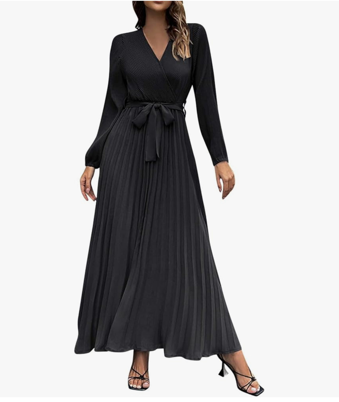 Puff Sleeve Pleated Satin Maxi Dress Black