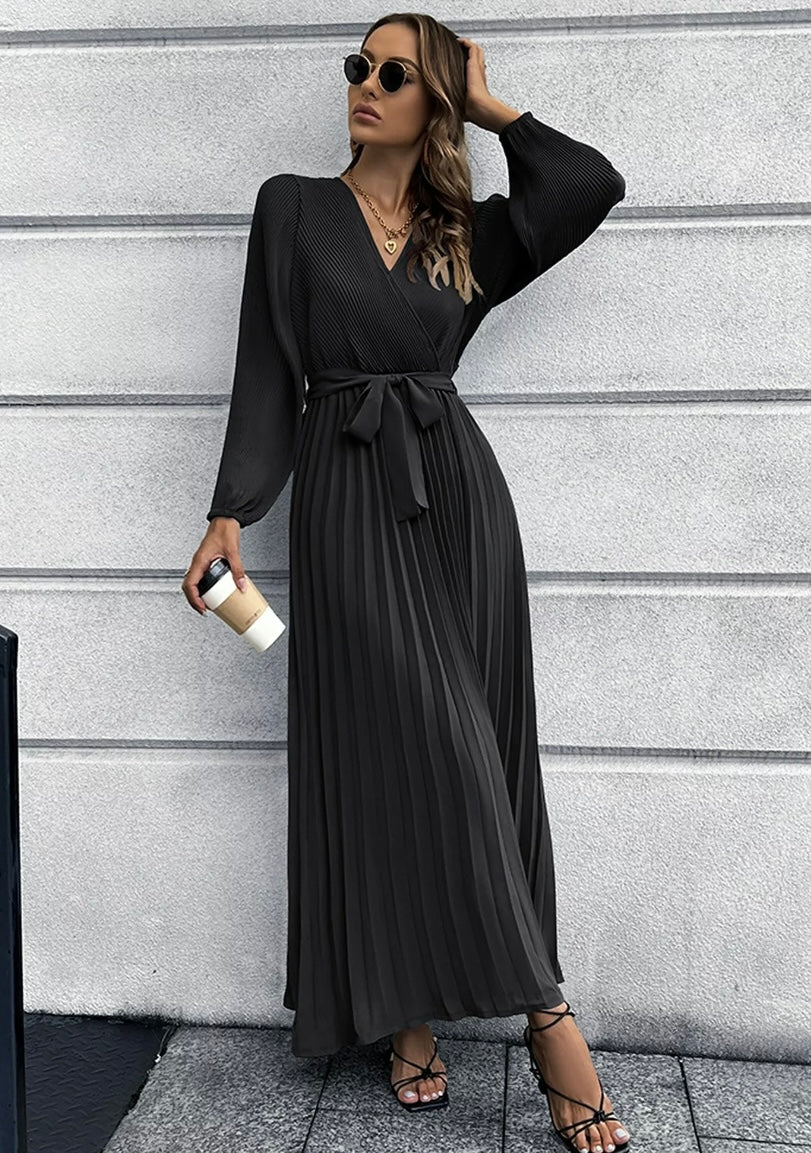 Puff Sleeve Pleated Satin Maxi Dress Black