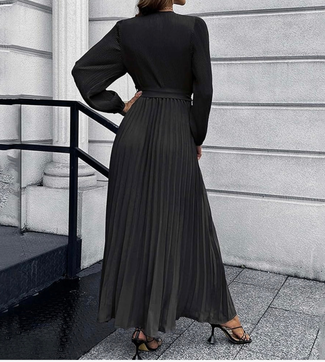 Puff Sleeve Pleated Satin Maxi Dress Black